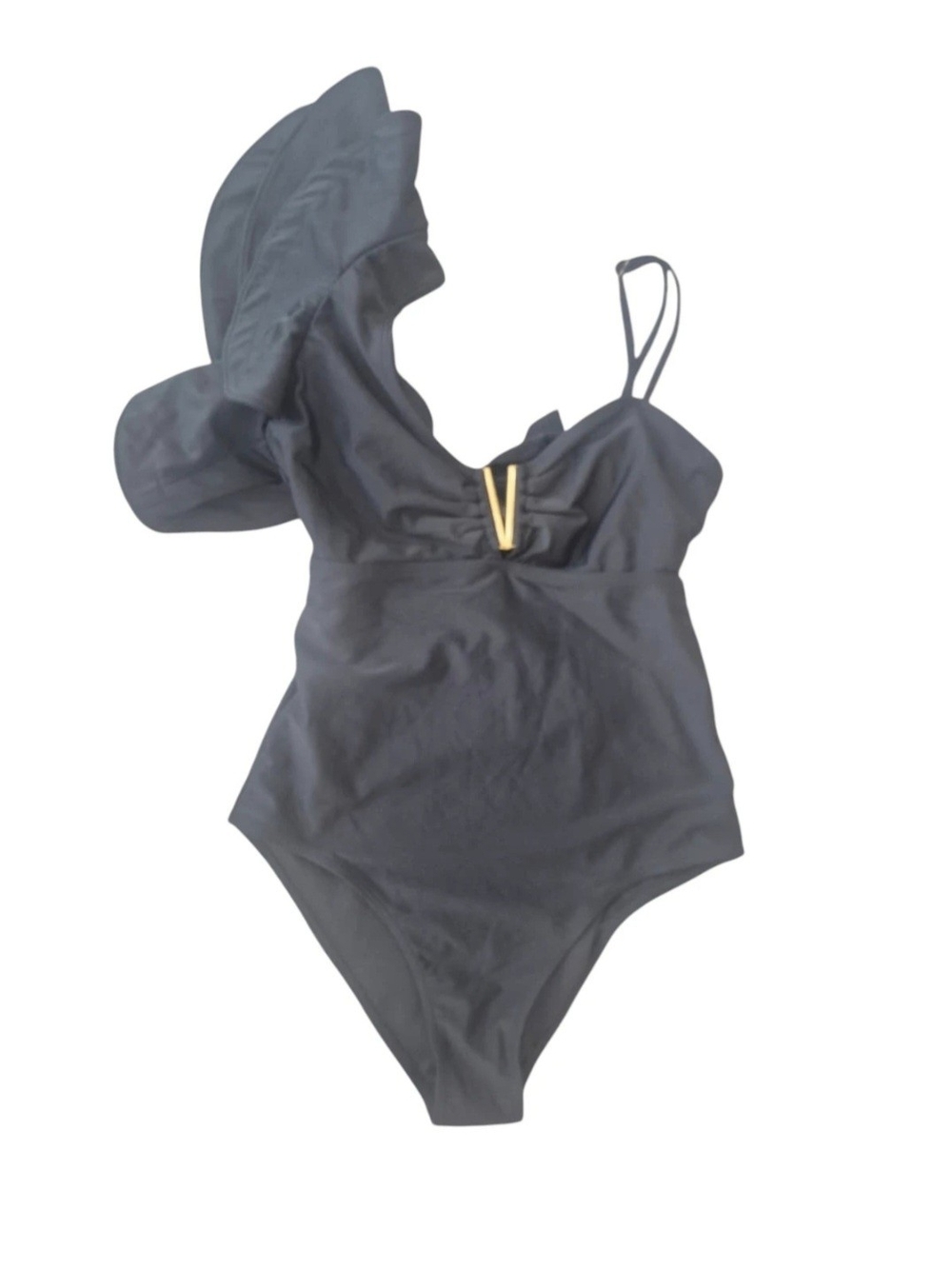 One-Shoulder Black One-Piece Swimsuit with Gold Accent